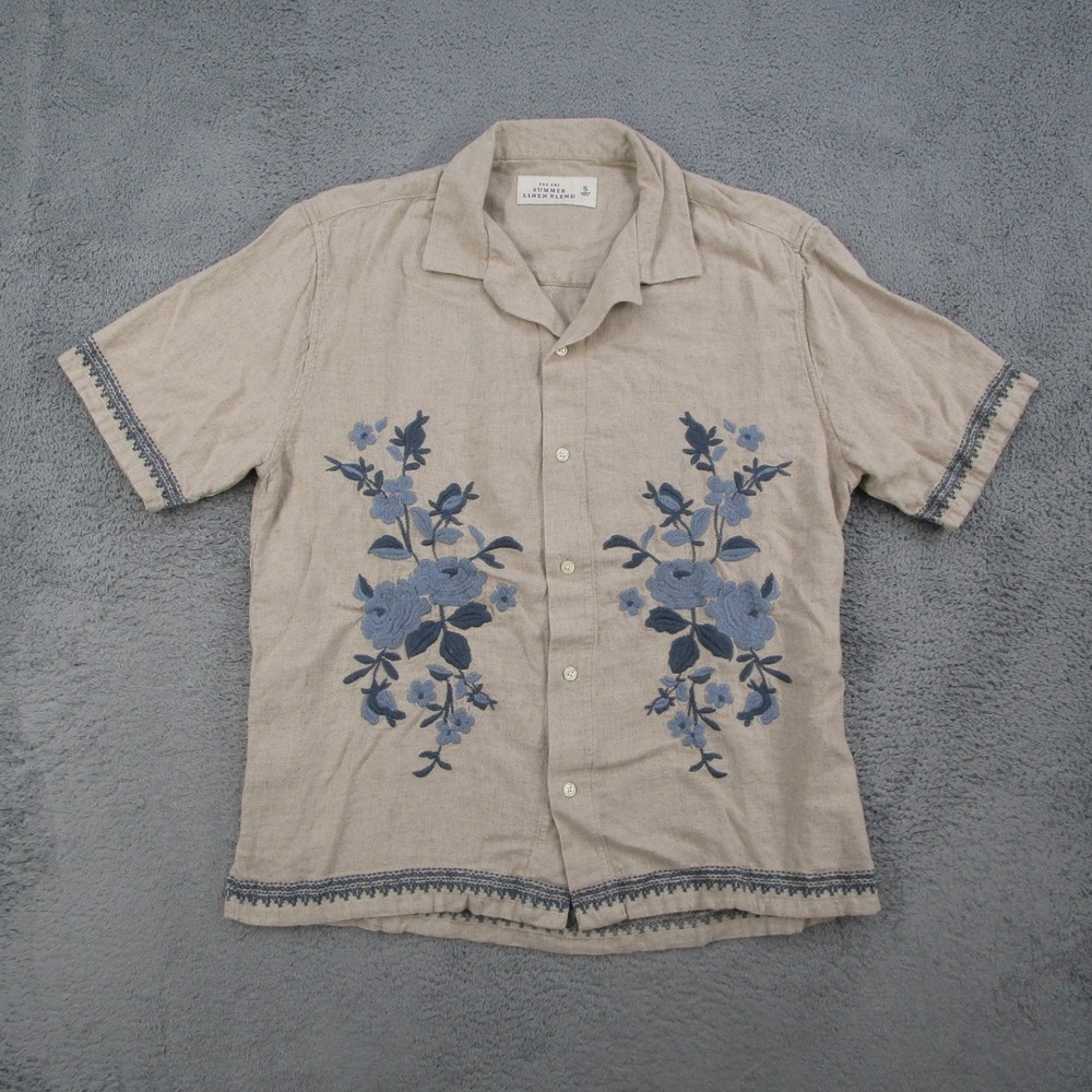 Abercrombie & Fitch Mens Small Linen Blend Floral Embroidered Camp Shirt Beige